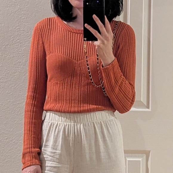 00961 Zara Crochet Knit Sweater Top Orange Size Medium bohemian preppy retro - Picture 2 of 7
